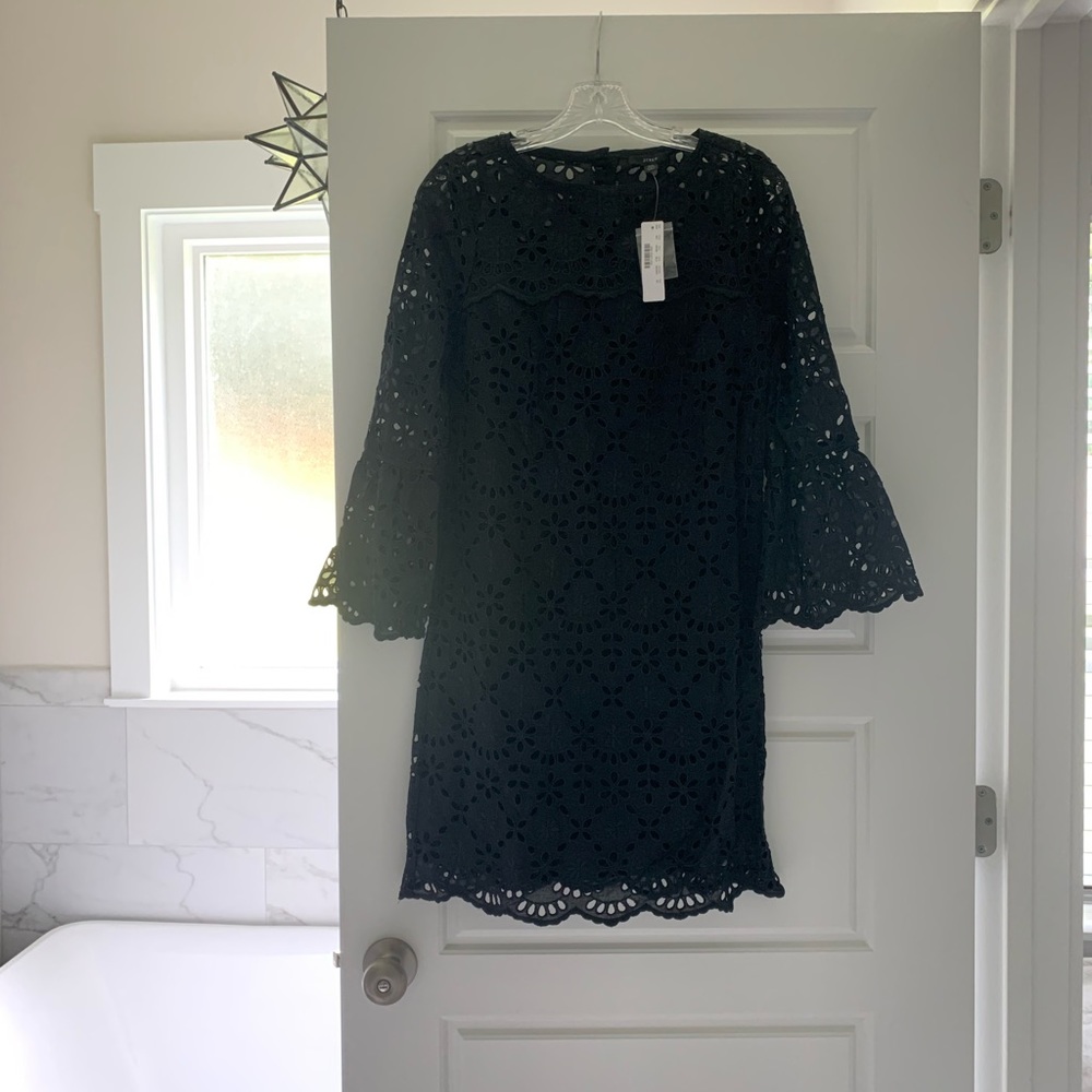 NWT J.Crew eyelet black dress XXS bell sleeves